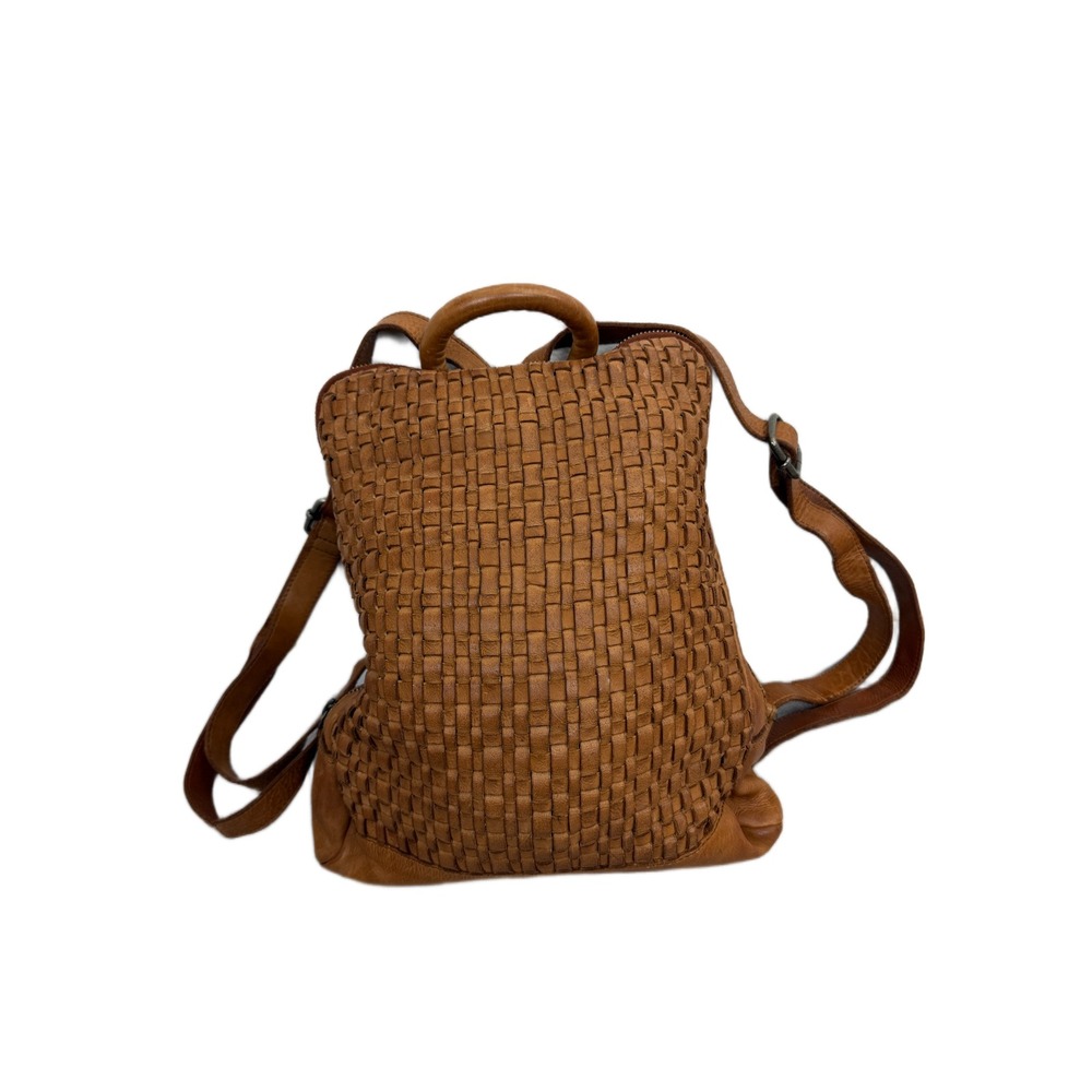 Valenca Holland Backpack Womens Cognac Brown Bag Woven Leather Adjustable Straps